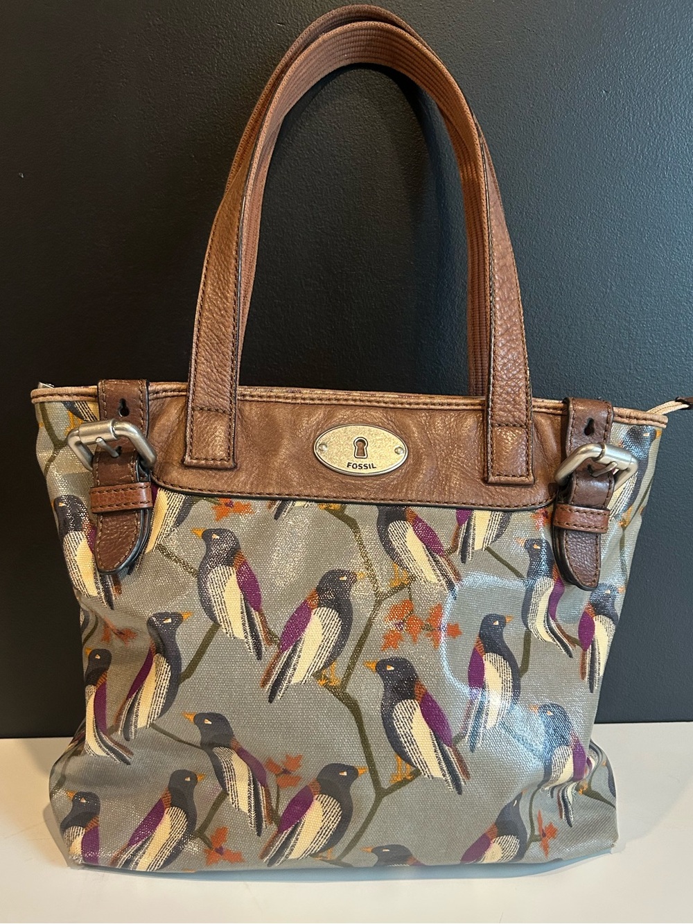 FOSSIL KeyPer Handbag Purse Birds Boho Coated Canvas & Leather Bag